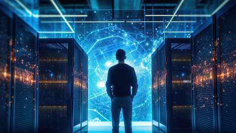 Une personne se tient à l'extrémité d'une rangée de serveurs et regarde des points de données bleu vif projetés sur un mur au loin.