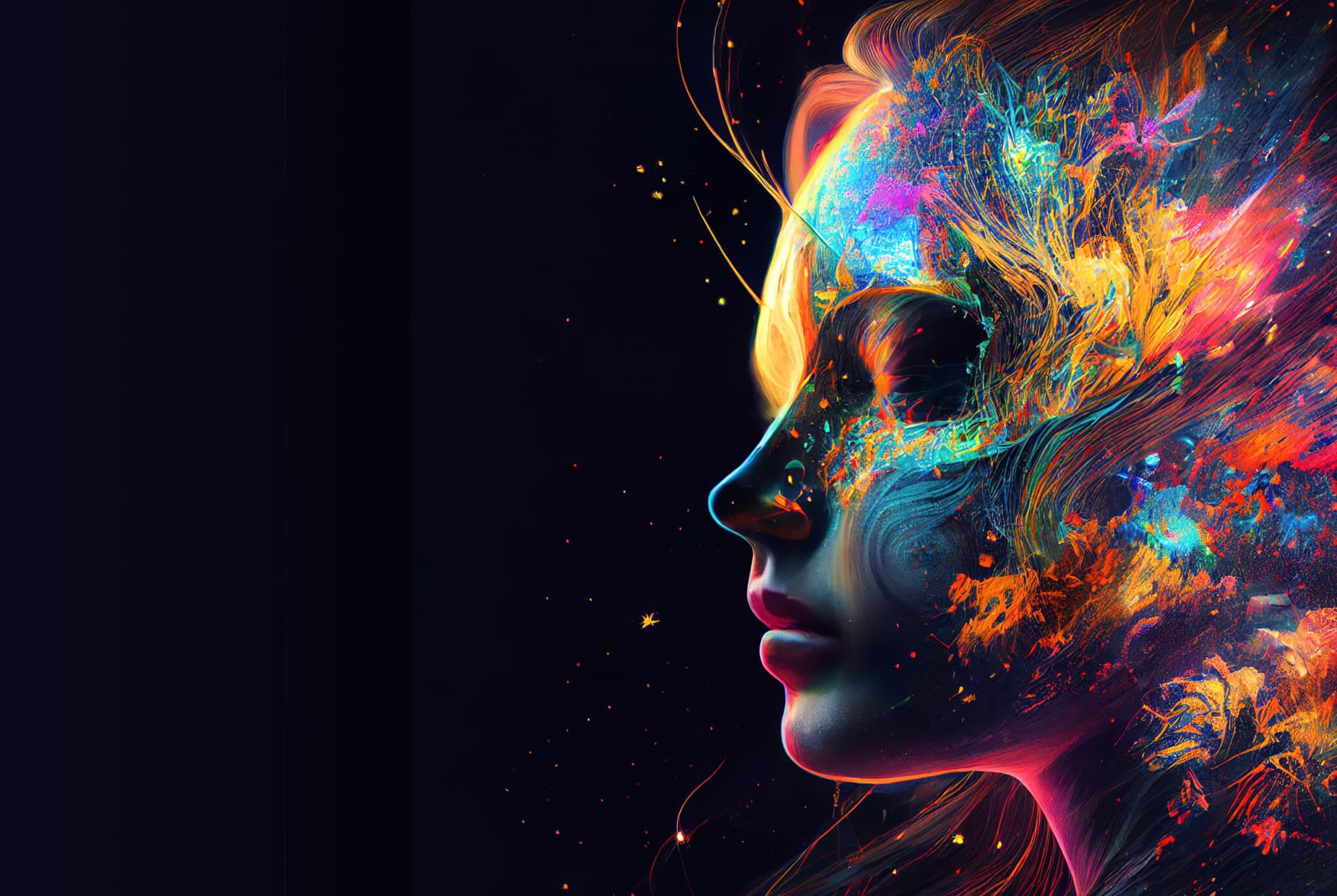 Image générée par l'IA d'une tête de femme contenant un art abstrait coloré.